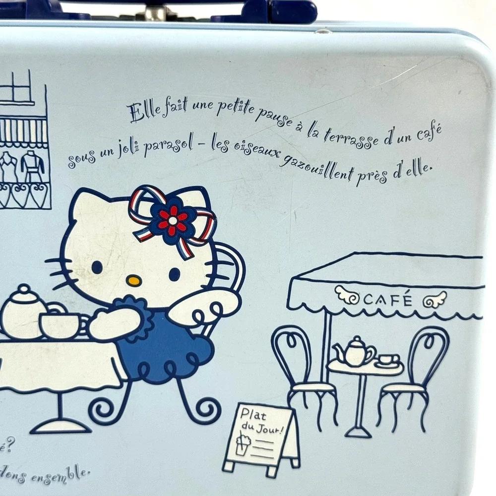 VTG 2002 Sanrio Hello Kitty Metal Lunch Box Tin French Cafe Blue Y2K Stationery